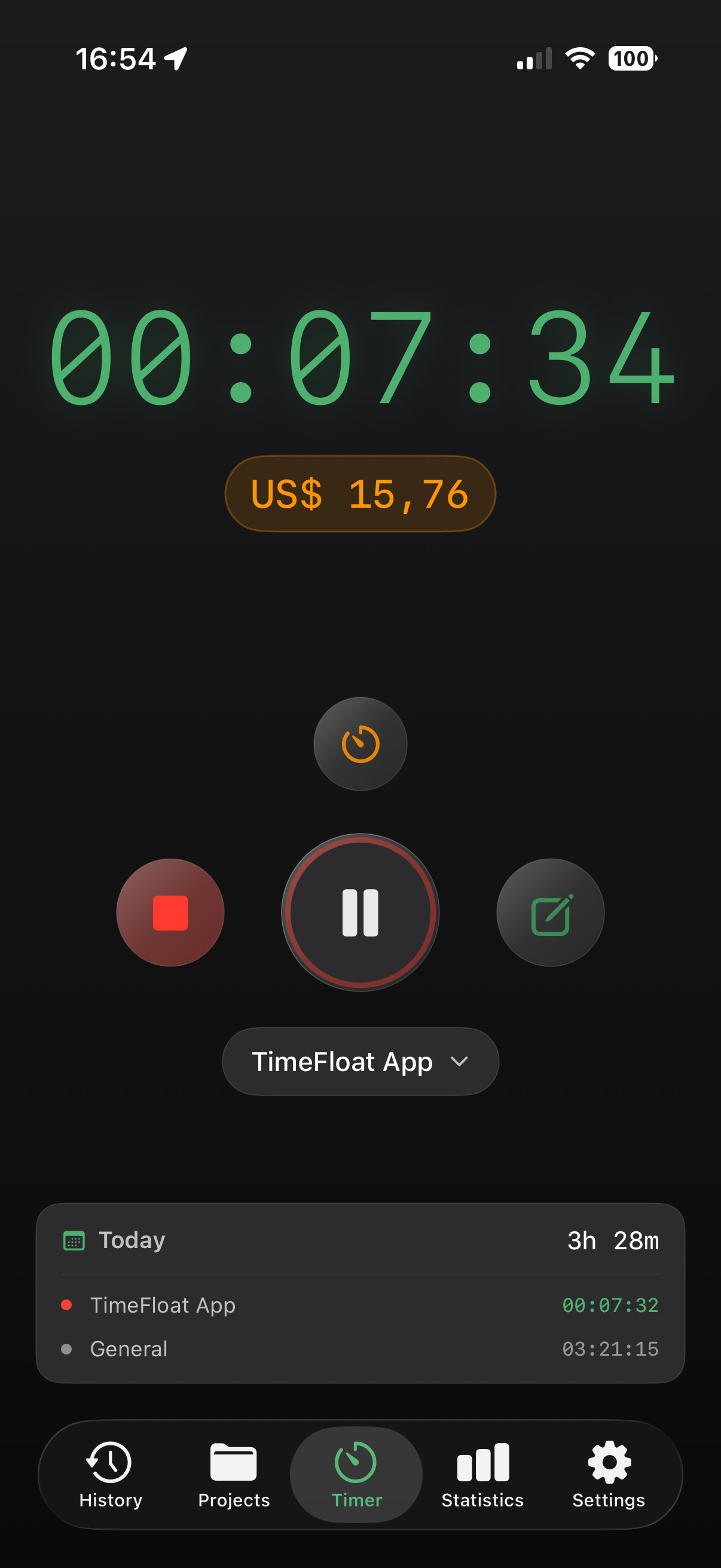 TimeFloat iOS app showing Dark theme